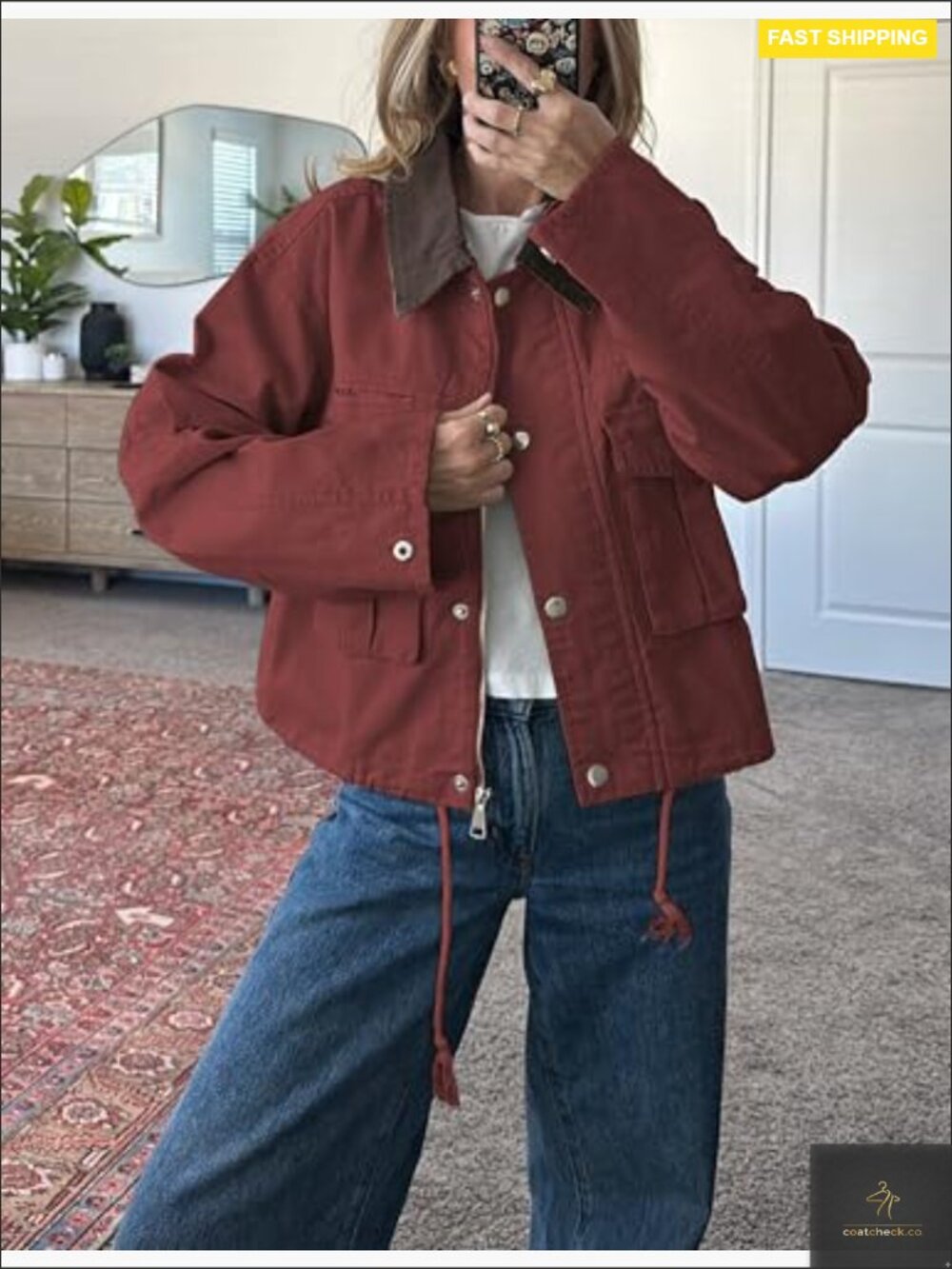Cropped Utility Jacket Contrast Collar Casual Coat with Pockets - Picture 3 of 7